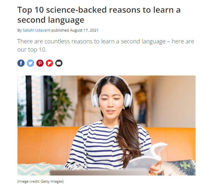 Example of SEO-focused freelance writing. Article titled "Top 10 science-backed reasons to learn a second language"